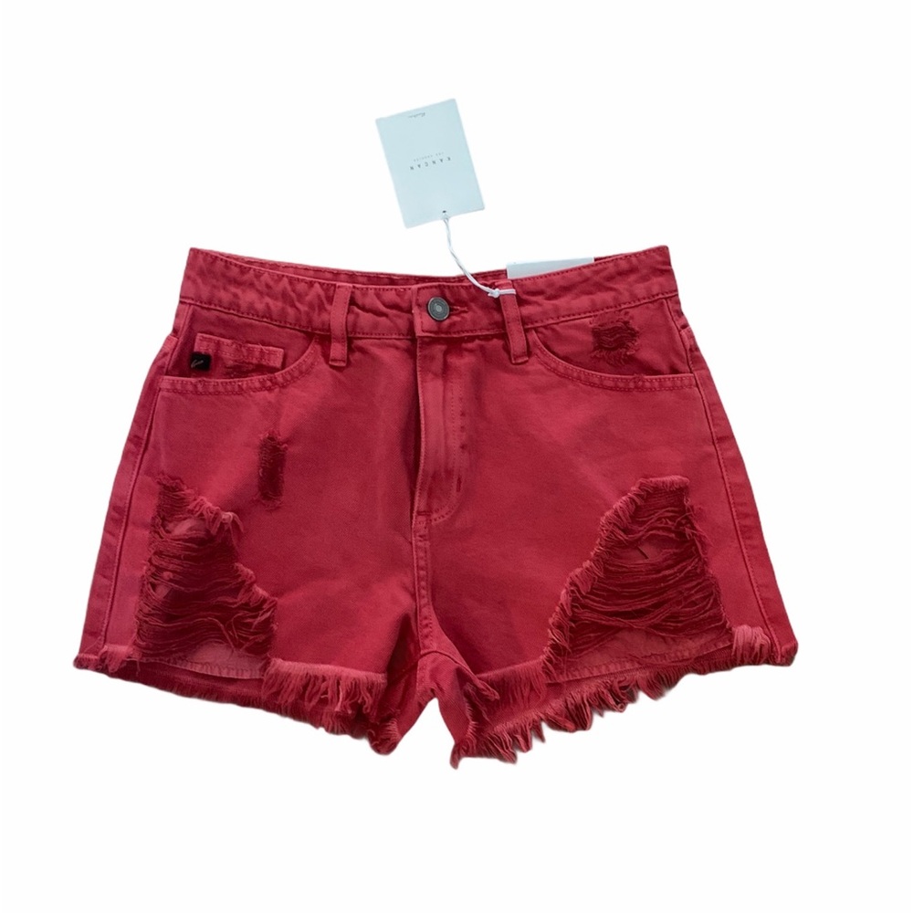 KANCAN | distressed red denim shorts